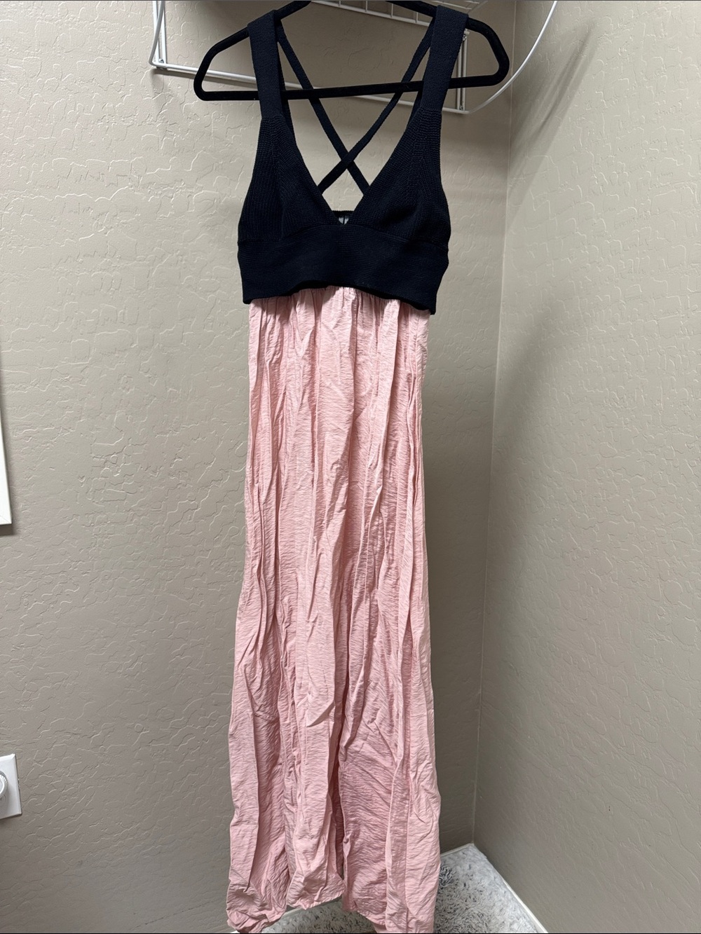 Anthropologie Black Bodice Pink Maxi Dress with Crisscross Back